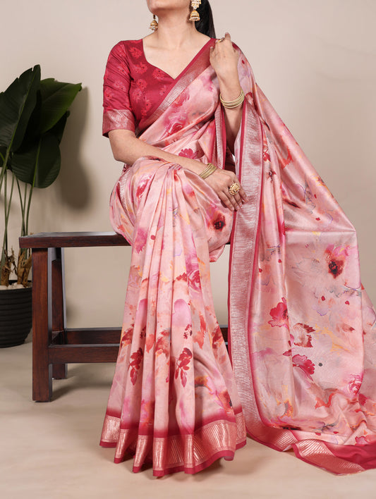 Tomato Color Printed Tussar Silk With Viscose Border Saree