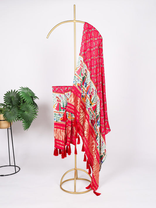 Tomoto Color Digital Print And Lagadi Patta Gaji Silk Dupatta