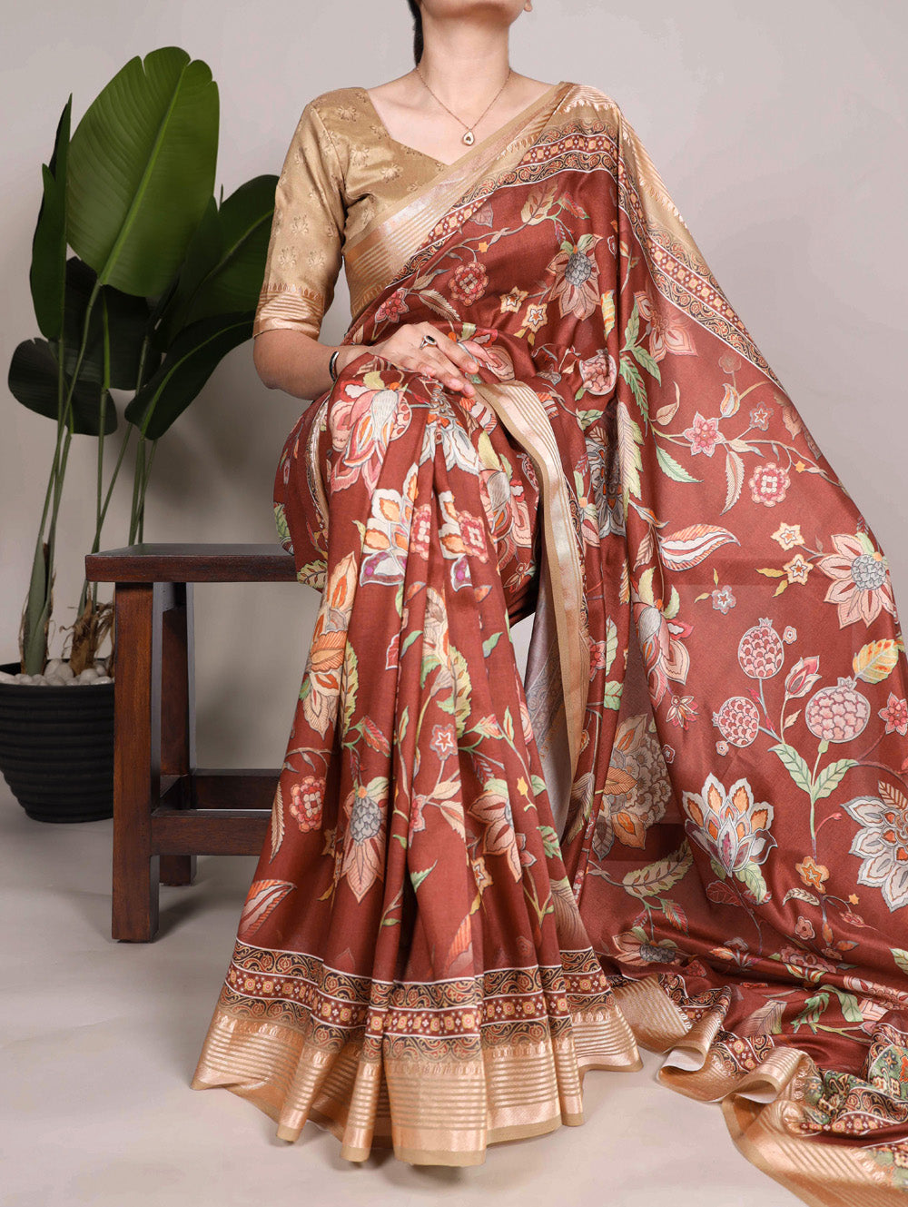 Brown Color Printed Tussar Silk With Viscose Border Saree