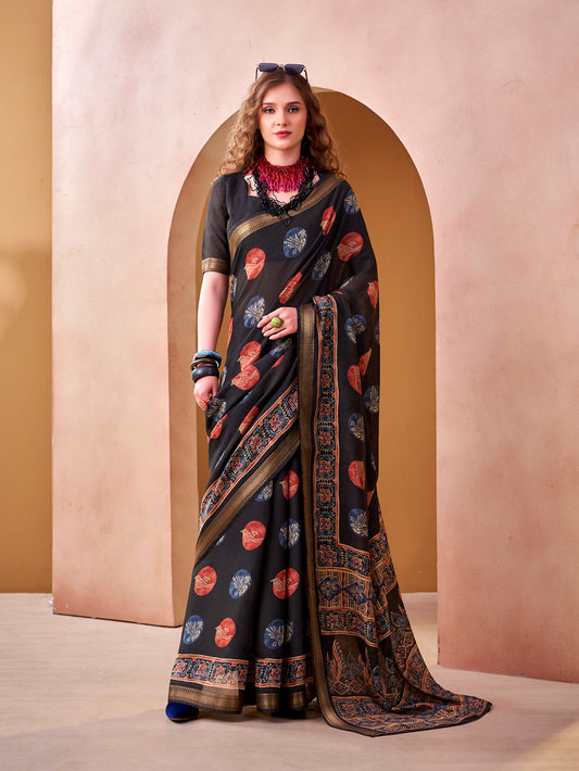 Black Color Trendy Printed Viscose Chanderi Saree