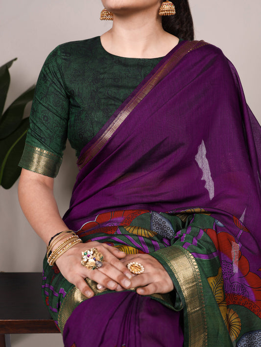 Purple Color Tradition Floral Printed With Zari Weaving Work Viscose Chanderi Saree