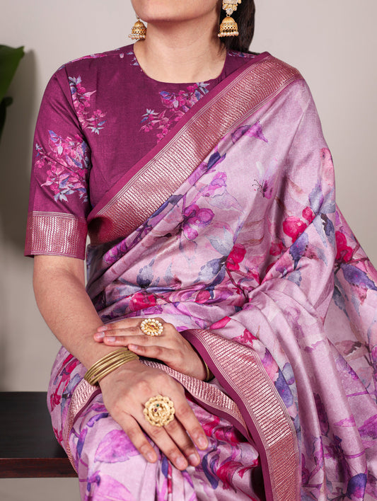 Wine Color Printed Tussar Silk With Viscose Border Saree