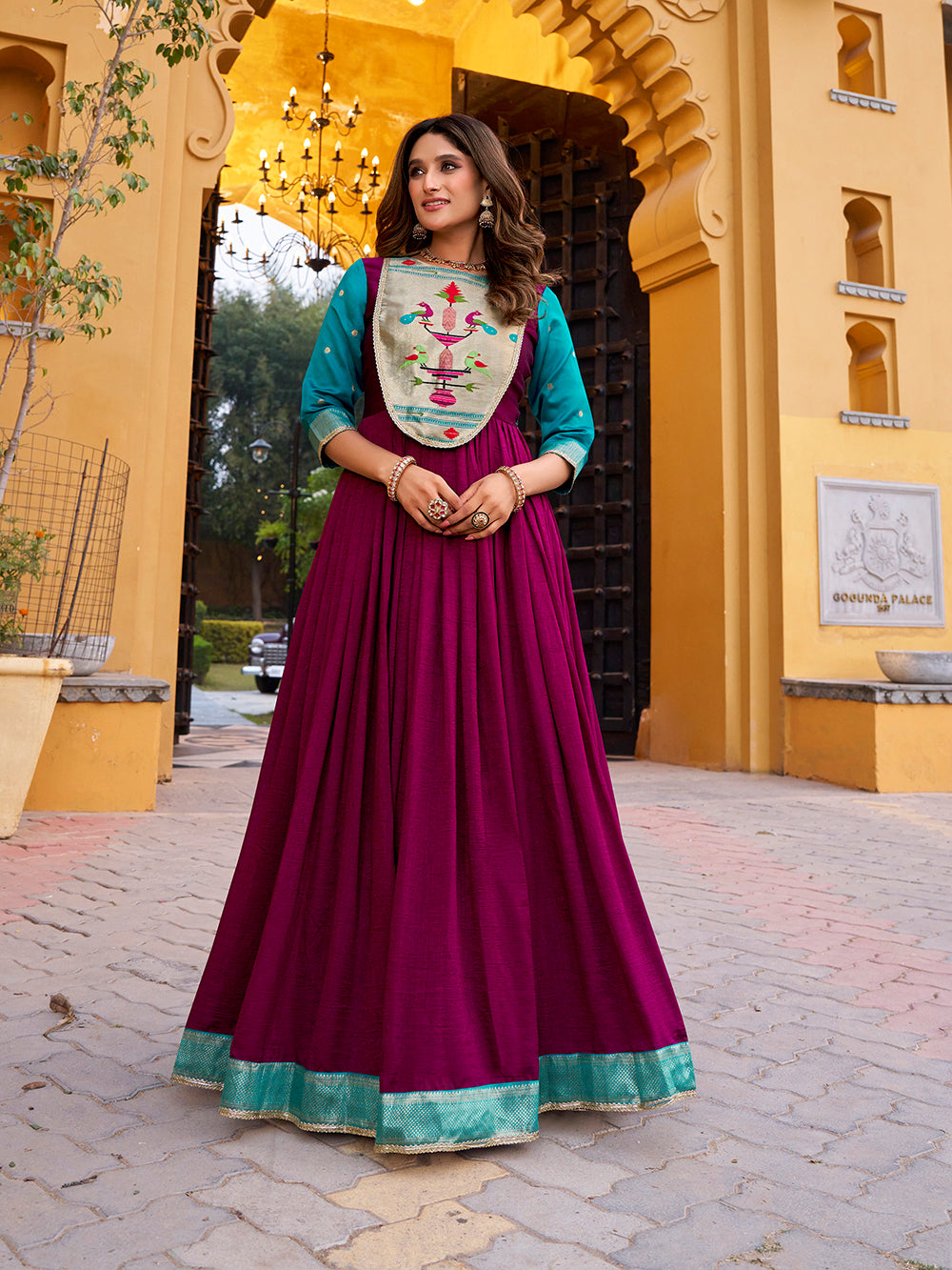 Wine Color Vichitra Silk Dress