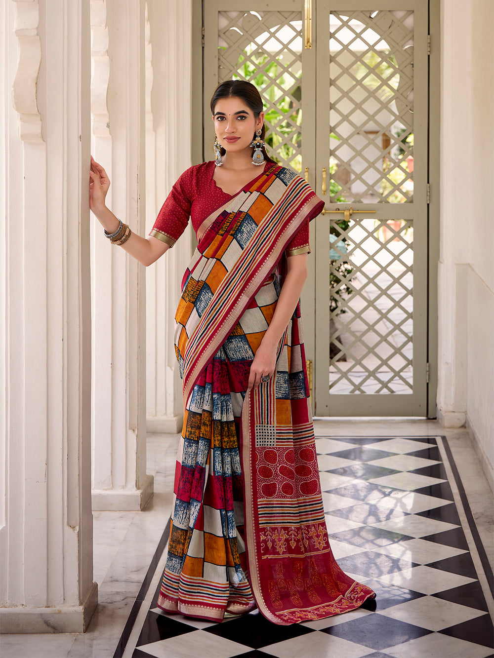 Maroon Color Printed With Temple Border Polyester Viscose Chanderi Saree