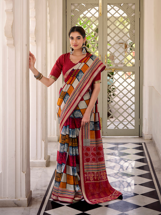 Maroon Color Printed With Temple Border Polyester Viscose Chanderi Saree