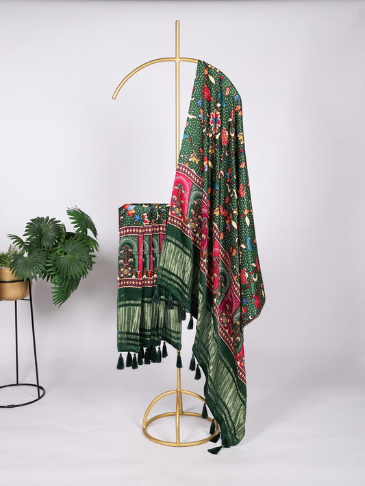 Green Color Digital Print And Lagadi Patta Gaji Silk Dupatta