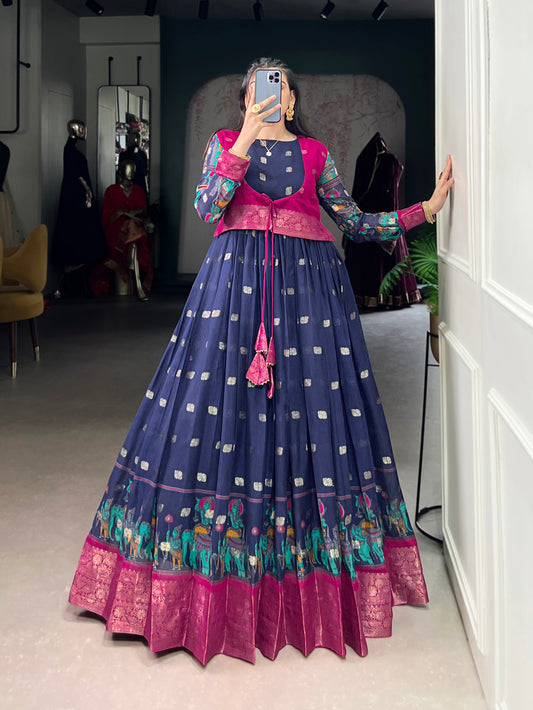 Navy Blue Color Kalamkari With Zari Weaving Work Poly Cotton Gown