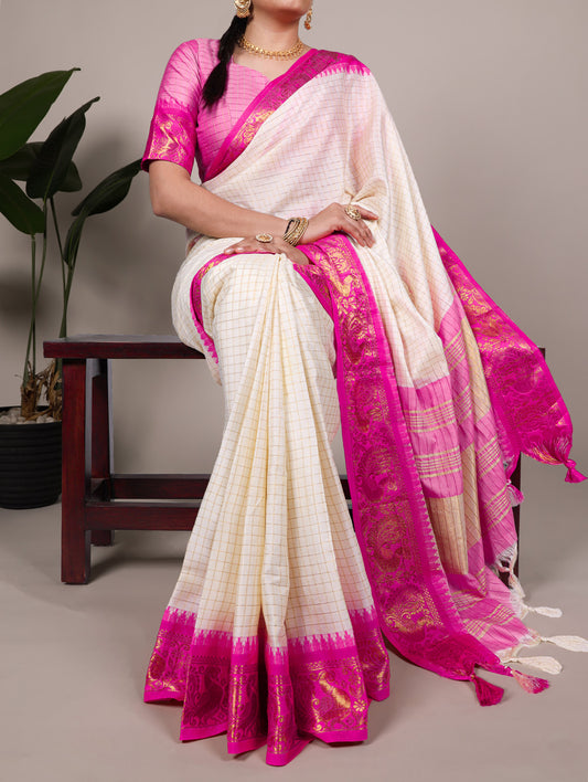 Pink Color Chex With Zari Weaving Work Poly Cotton Saree