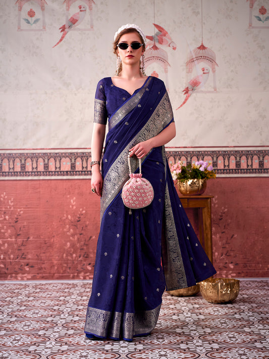 Navy Blue Color Self Printed Chinon Saree