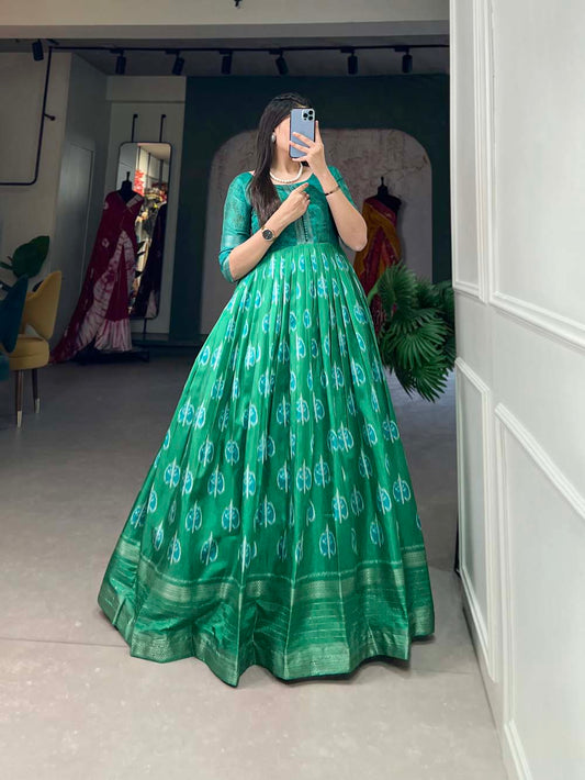Green Color Printed With Zari Border Dola Silk Dress