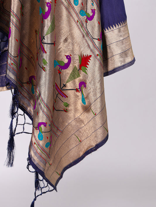 Navy Blue Color Weaving Zari Work Jacquard Silk With Paithani Dupatta