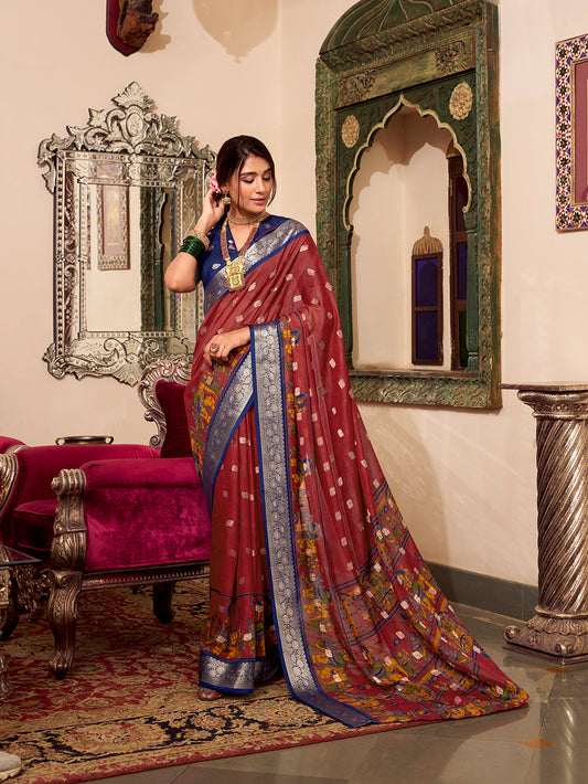 Maroon Color Kalamkari Print With Zari Weaving Work Poly Cotton Saree