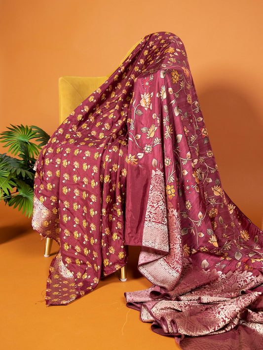 Maroon Color Kalamkari Print And Weaving Work Viscose Wedding Saree
