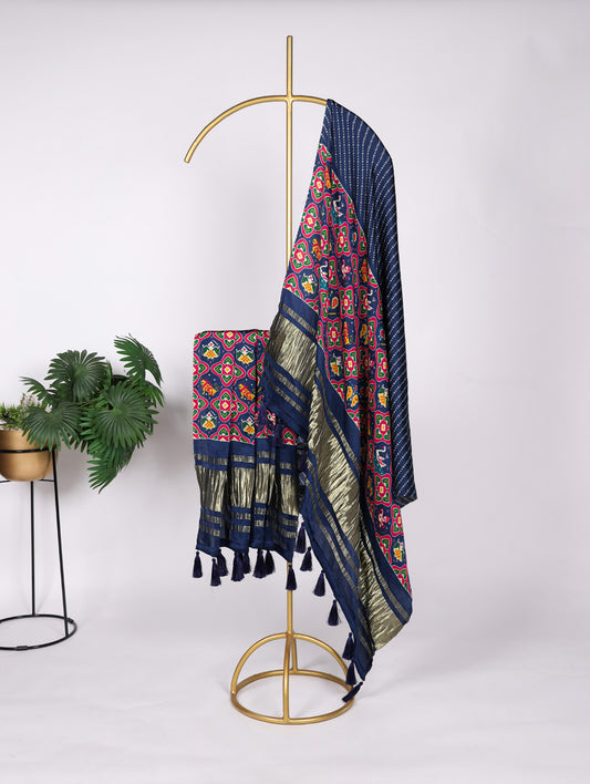 Navy Blue Color Digital Print And Lagadi Patta Gaji Silk Dupatta