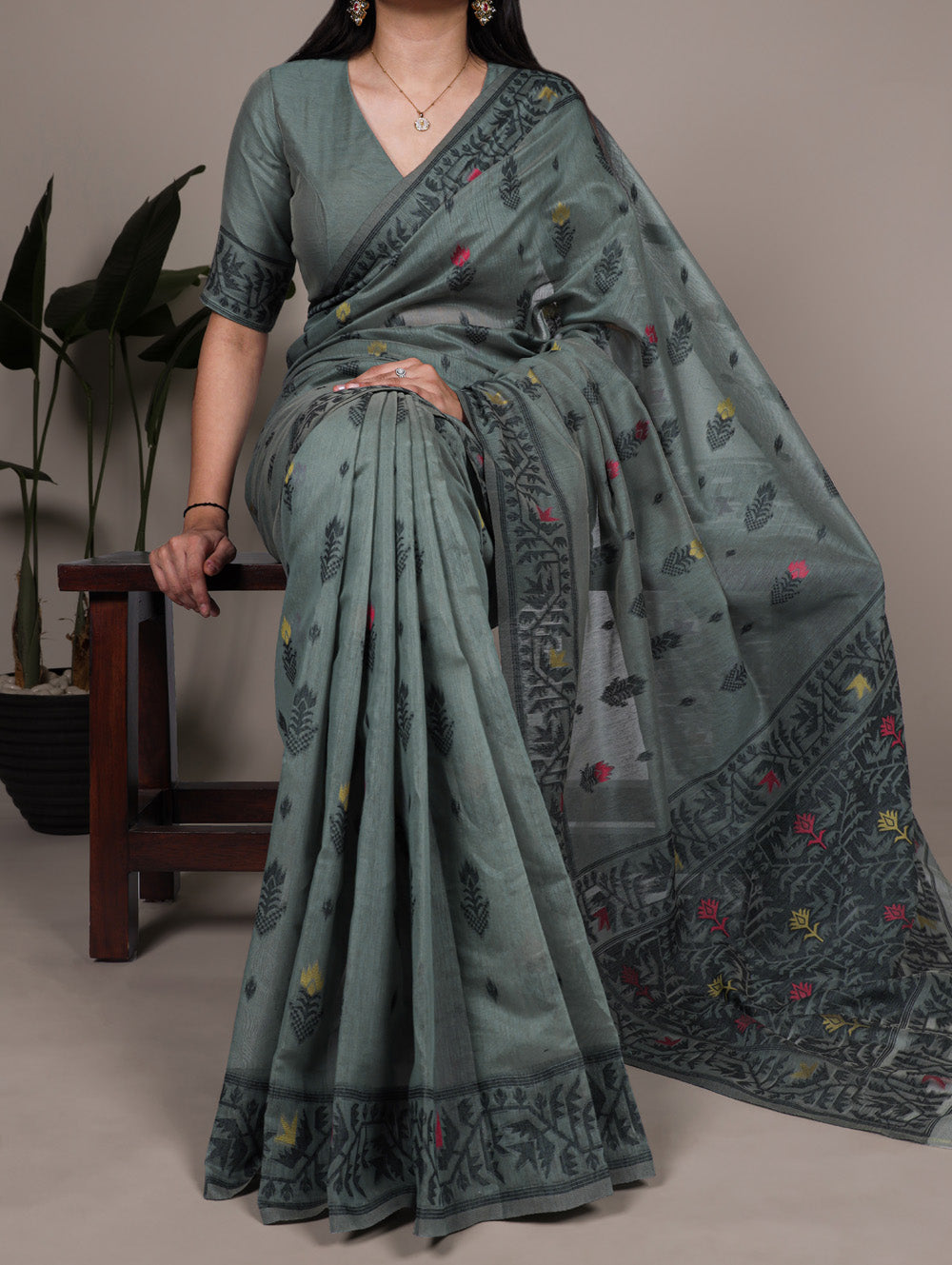 Dark Firozi Color Thread Embroidery Work Poly Cotton Saree