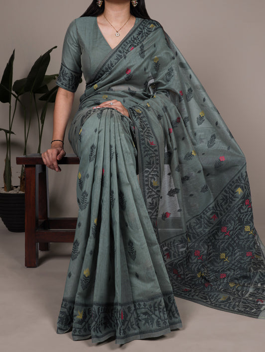 Dark Firozi Color Thread Embroidery Work Poly Cotton Saree