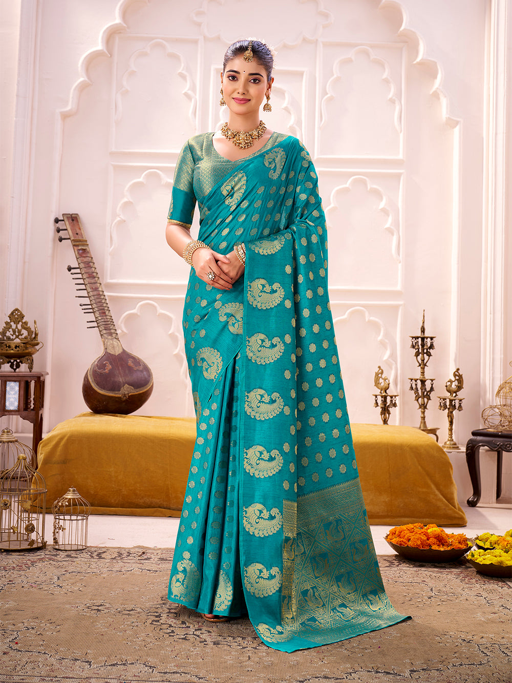 Firozi Color Zari Weaving Work Roop Silk Saree