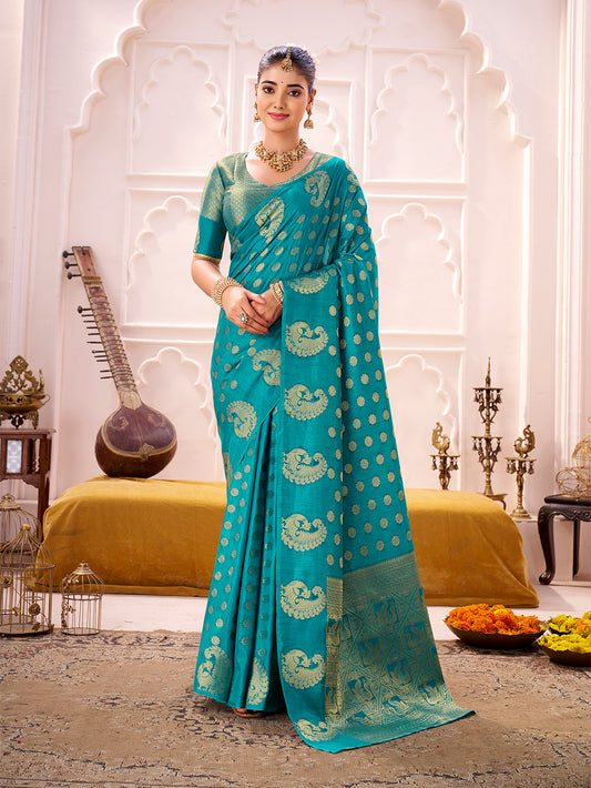 Firozi Color Zari Weaving Work Roop Silk Saree