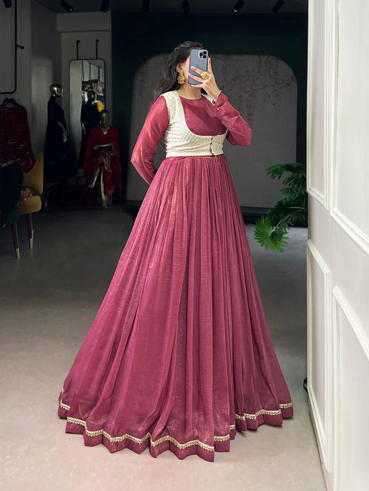 Pink Color Lace Touch Up Silver Glosy(crunchy) Gown