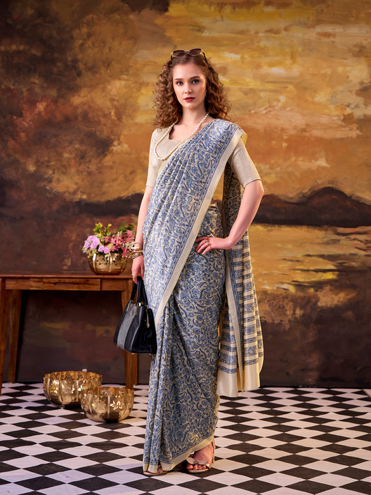 Blue Color Printed Tasar Silk Saree