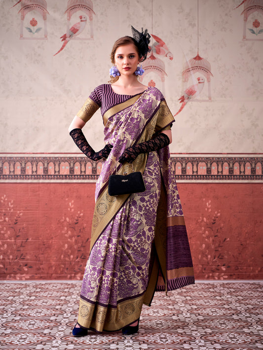 Lavender Color Printed With Viscose Border Tasar Silk Saree