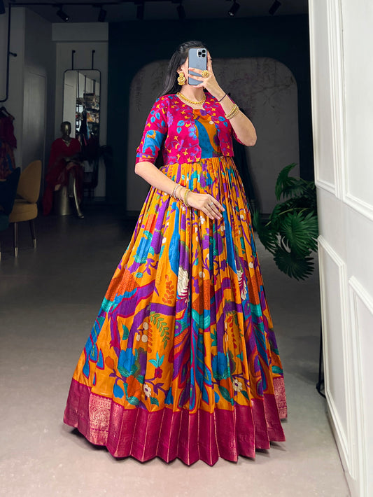 Mustard Color Kamamkari Print With Zari Weaving Work Tasar Silk Gown