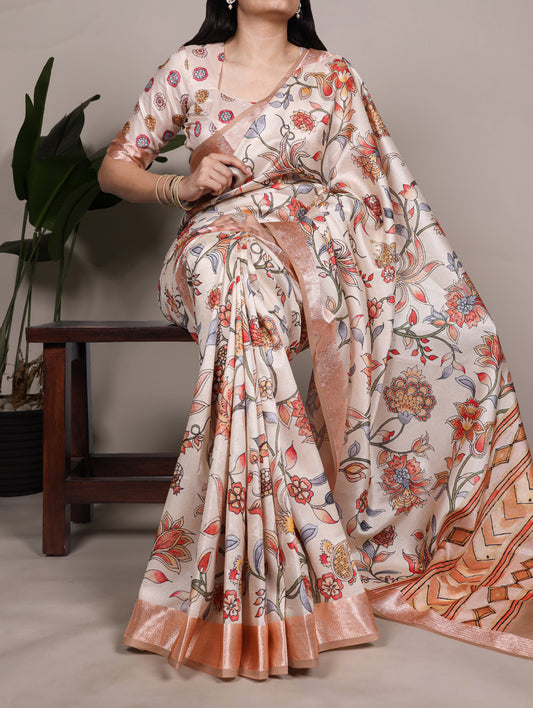 Cream Color Traditional Floral Printed Tasar Silk Saree