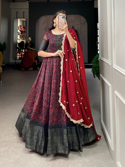 Maroon Color Printed With Weaving Work Patta Soft Chanderi  Dress