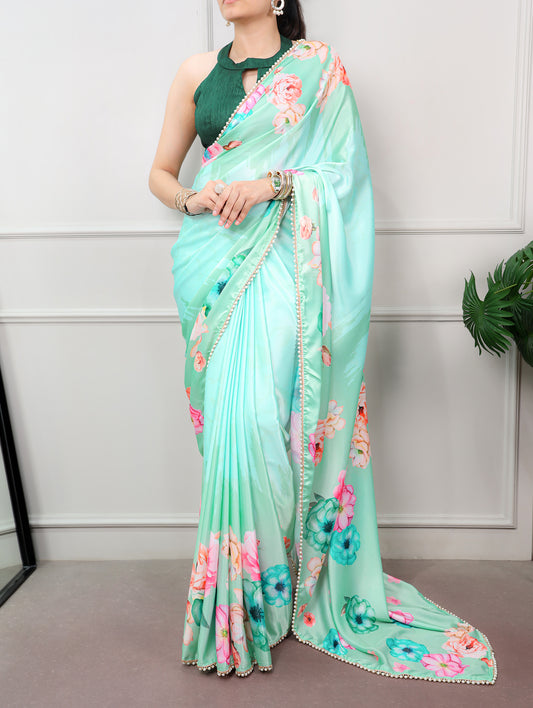 Elegant Floral Printed Saree With Pearl Designer Border