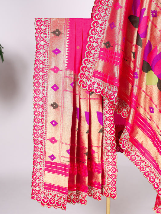 Pink Color Weaving Zari Work With Sequins And Embroidery Lace Jacquard Silk Dupatta