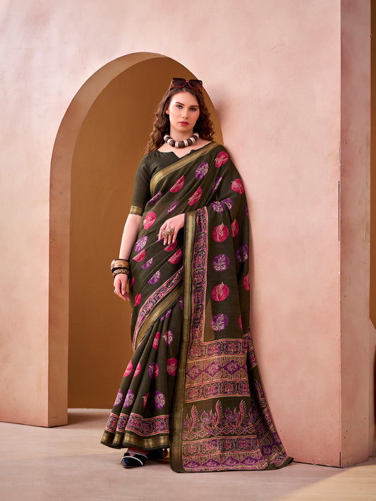 Mehandi Color Daily Wear Polyster Viscose Chanderi Saree