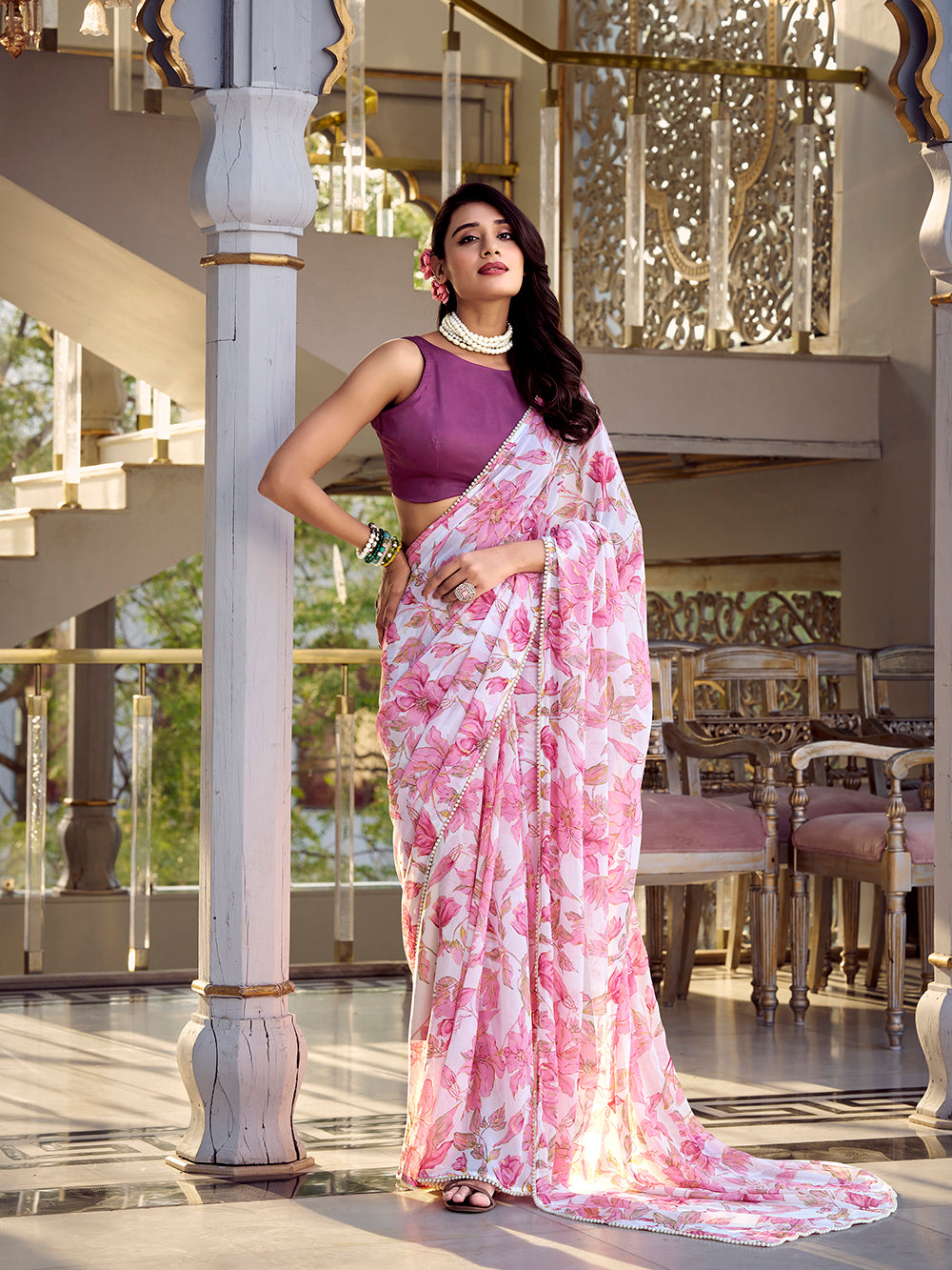 Pink Color Floral Print With Peral Lace Border Weightless Marbal Saree