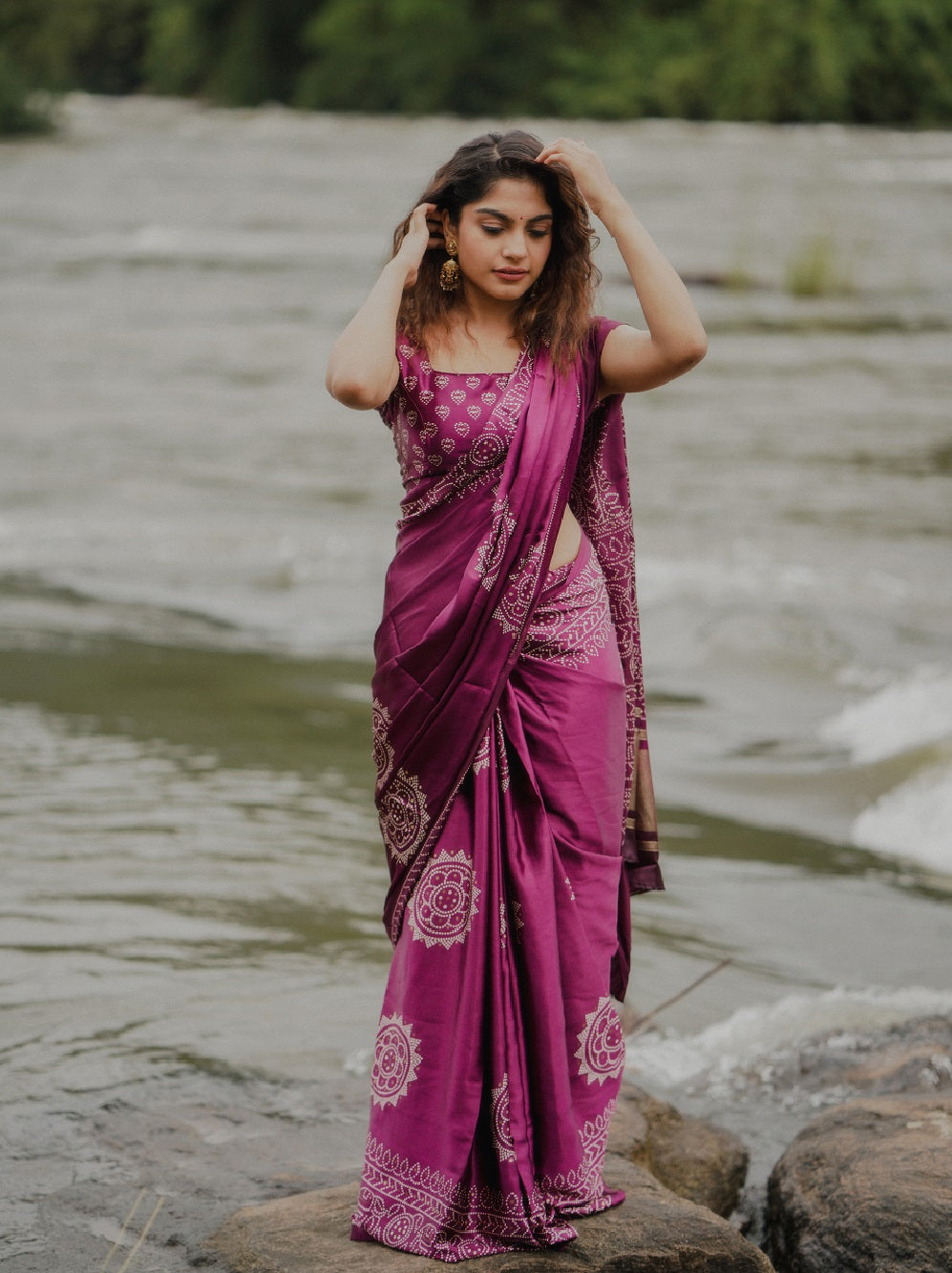 Wine Color Semi Gaji Satin Saree With Foil And Print Work