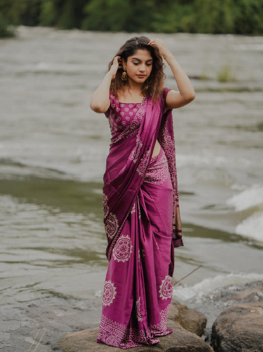 Wine Color Semi Gaji Satin Saree With Foil And Print Work