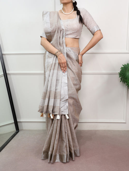Zari Border Bone Color Linen Saree