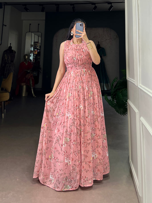 Pink Color Floral Printed Weightless Marbel Gown