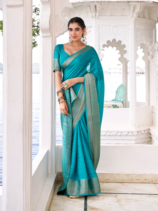 Firozi Color Self Printed With Zari Weaving Work Chinon Saree