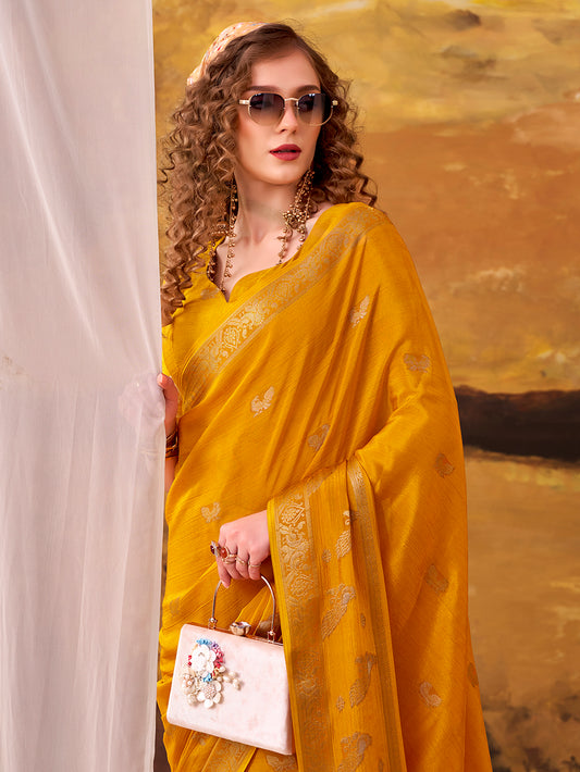 Yellow Color Weaving Work Crepe Saree