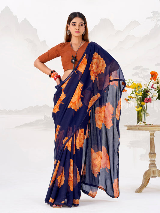 Navy Blue Color Floral Print with Lace Border Chiffon Saree