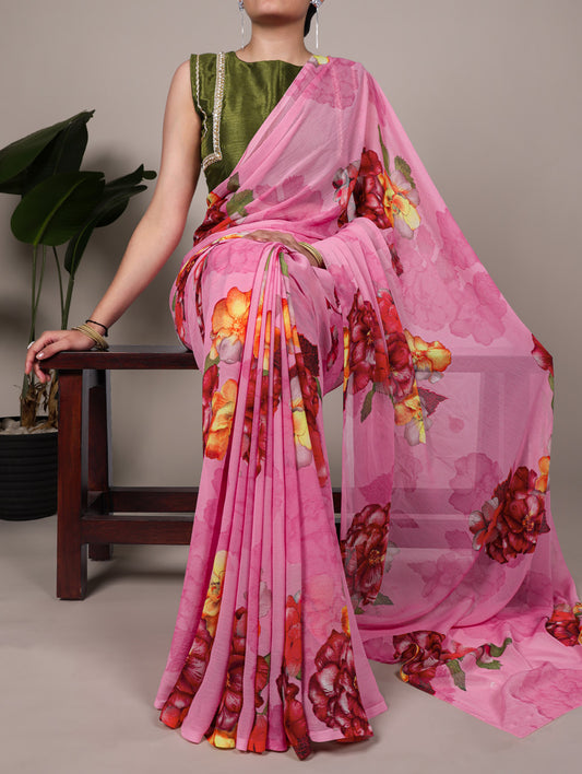 Pink Color Floral Printed Chiffon Saree