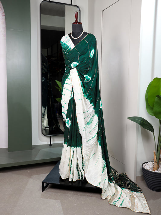 Green Color Sequins With Zari Line And Gota Patti Lace Border Viscose Chanderi Saree