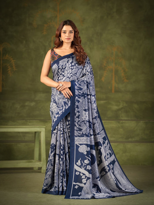 Navy Blue Color Kalamkai Print Saree