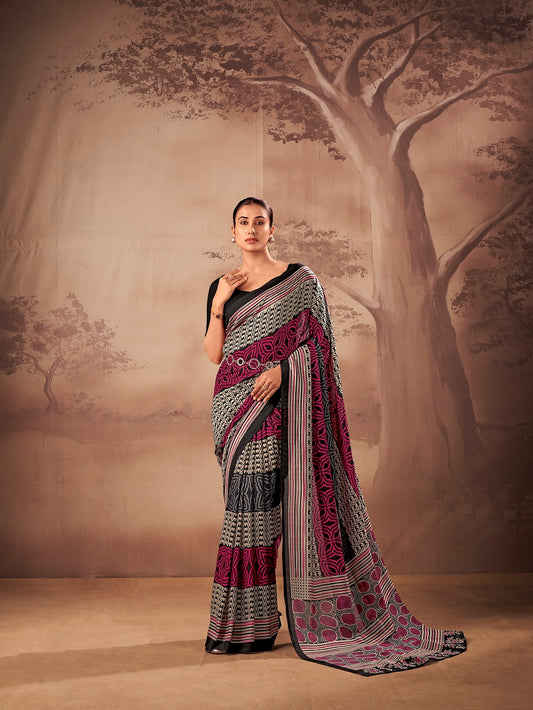 Poly Mal Cotton Printed Black Saree