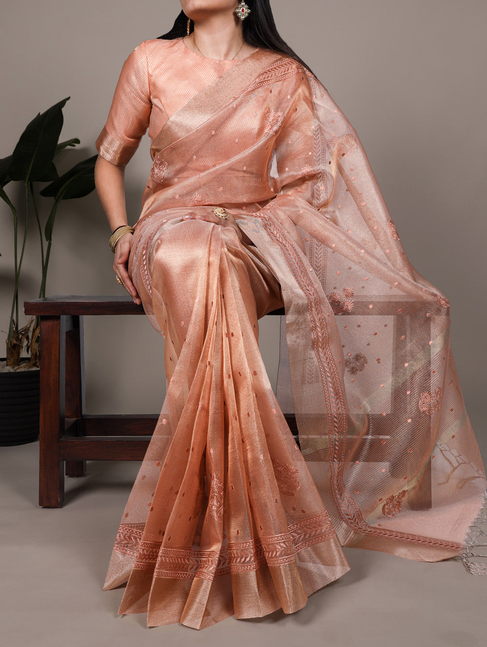 Orange Color Thred Embroidery Work Poly Shimmer Saree