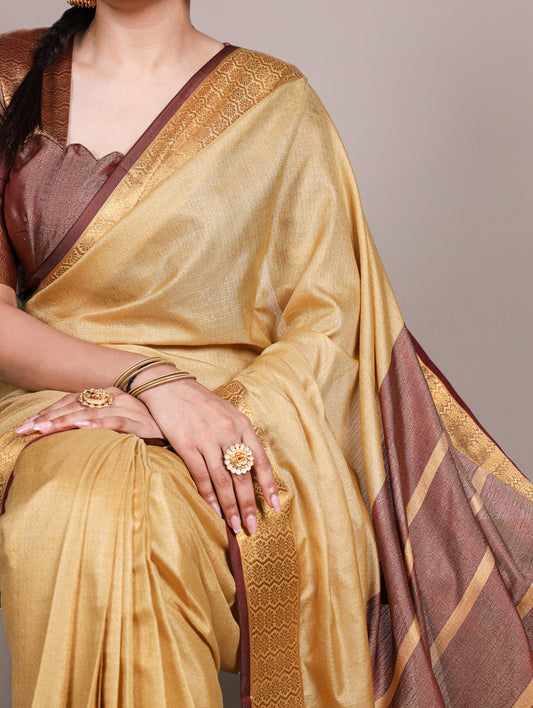 Cream Color Zari Weaving Work Poly Cotton Saree By Yana Fab