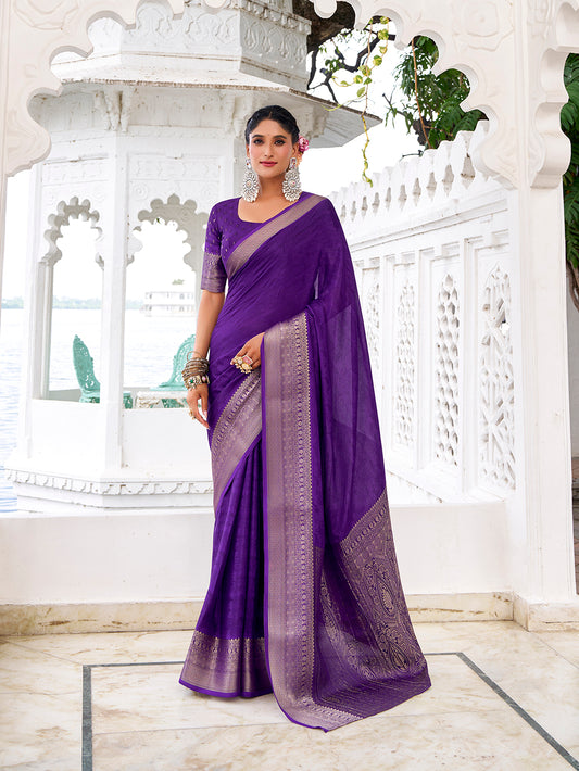Purple Color Self Printed With Zari Weaving Work Chinon Saree