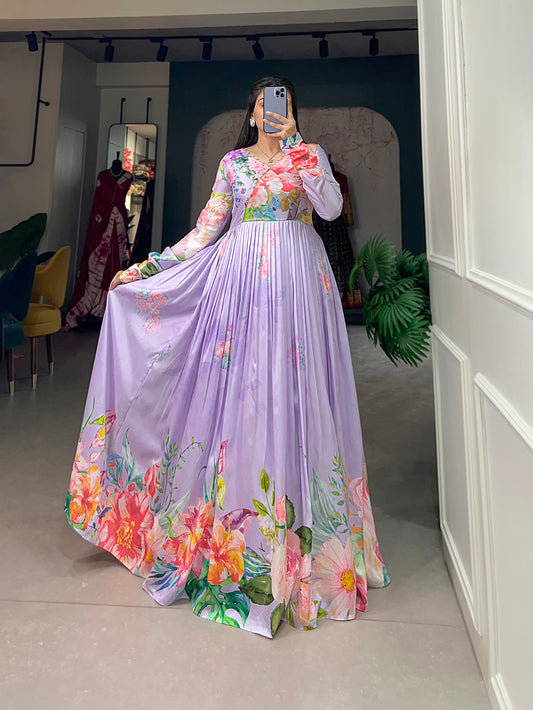 Lavender Color Floral Printed Tussar Silk Dress