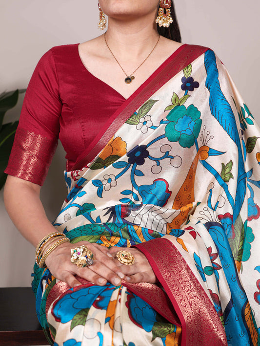 Off White Color Printed With Zari Weaving Work Tussar Silk Saree
