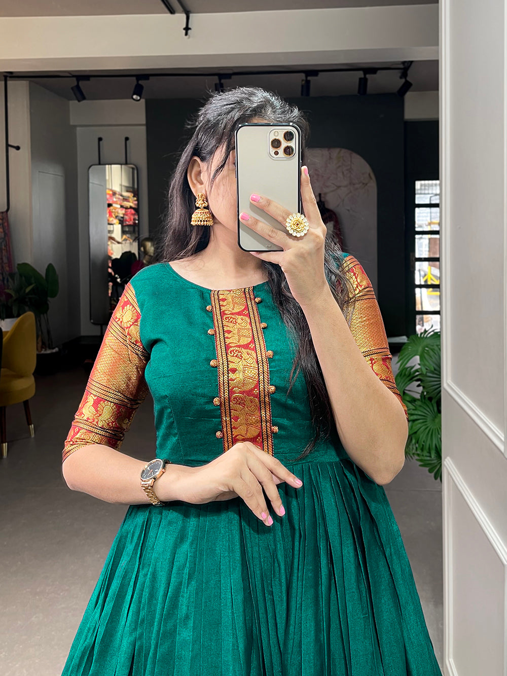Teal Color Zari Weaving Work Narayan Pet (Cotton) Dress