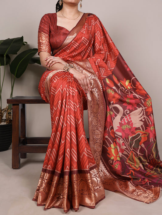 Rust Orange color Viscose Border Saree